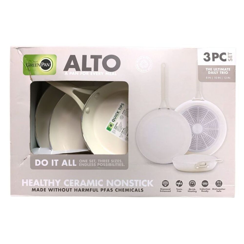 GreenPan Alto 8", 10" & 12" Ceramic Nonstick Fry Pan Set, 3 Pan Set - Cream